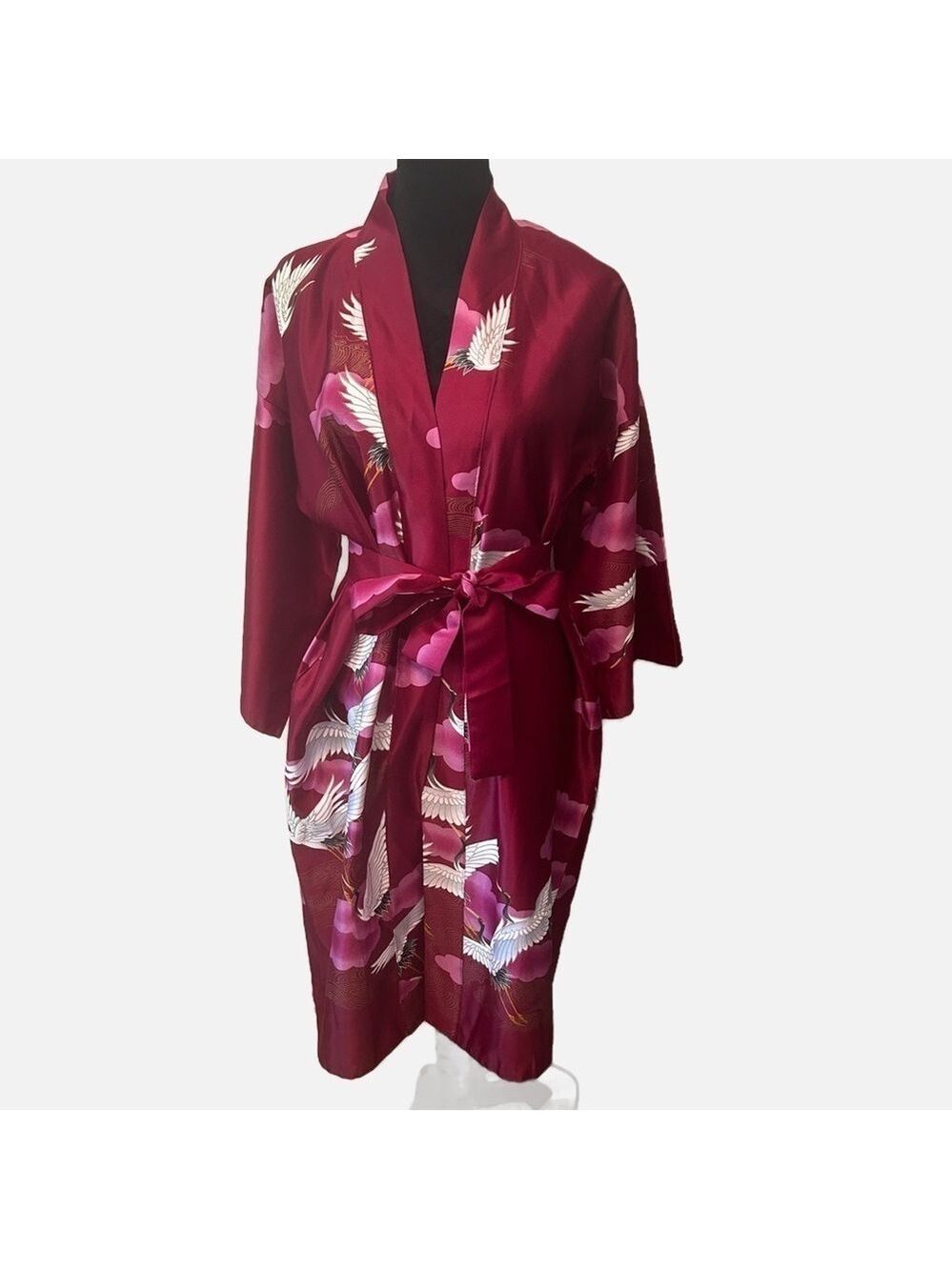 Vintage 70s Marukyo Kyoto Japan Open Kimono Robe Cranes Belted OS Wine Pink